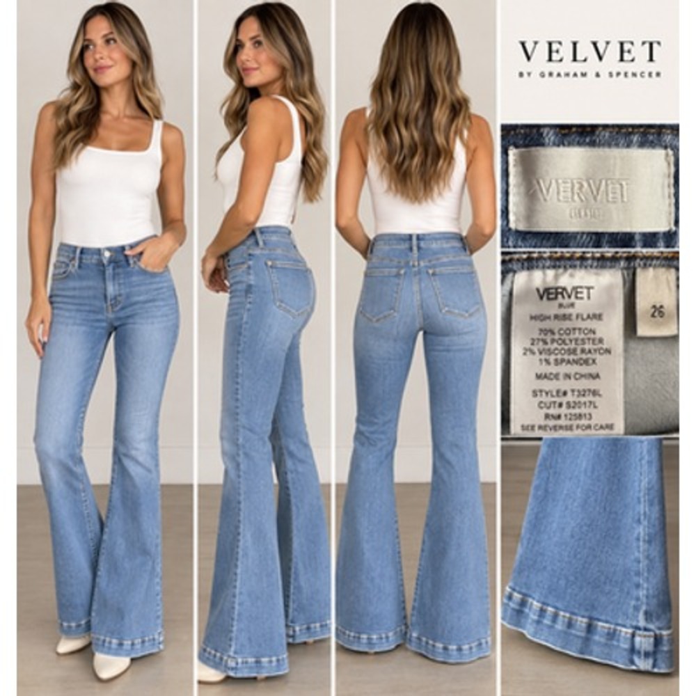 VERVET BLUE Womens 26 High Rise Flare Bell Bottom Stretch Jeans Light Blue